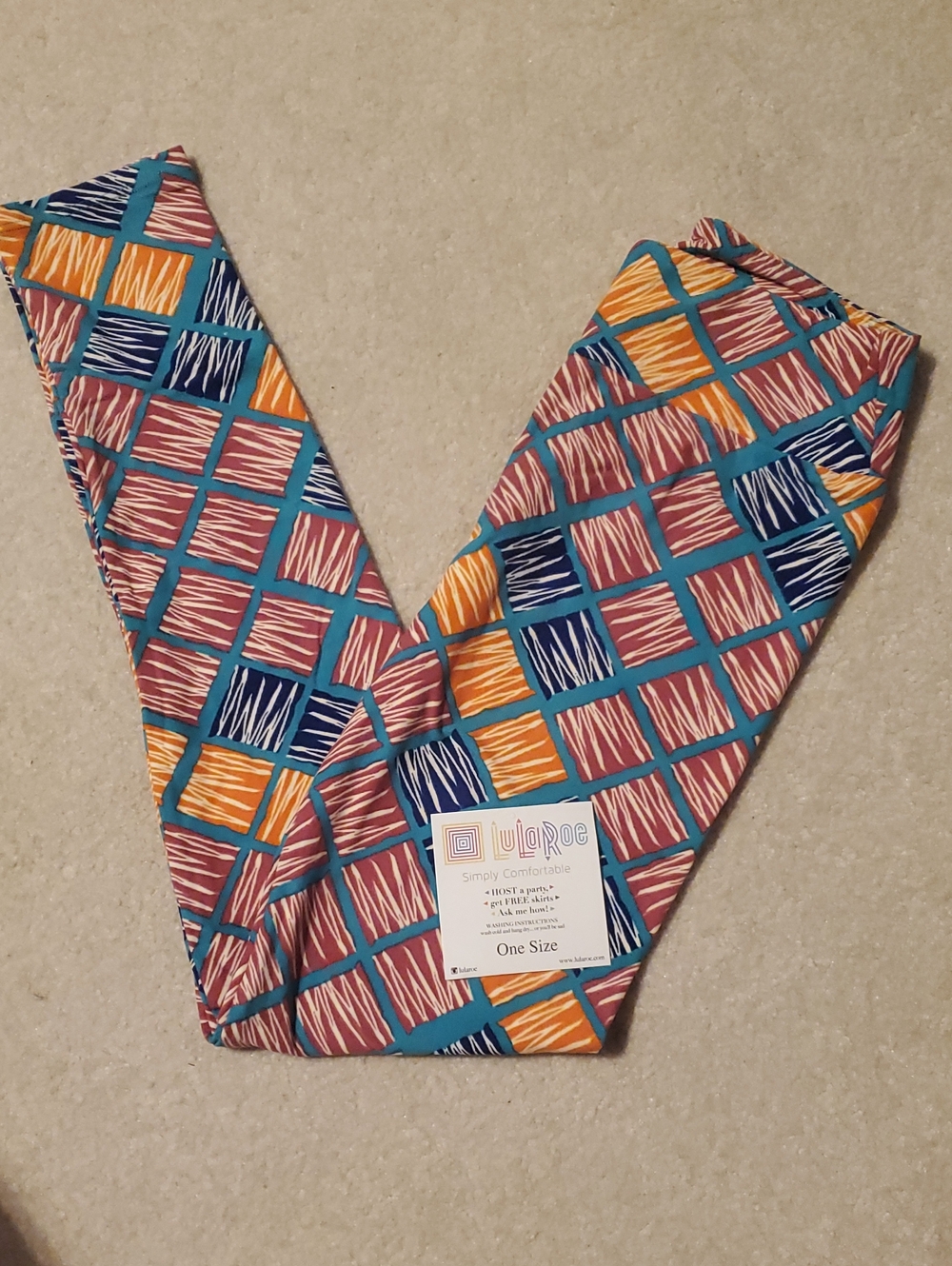LuLaRoe Womens Leggings Teal Pink Mustard Navy Square Print